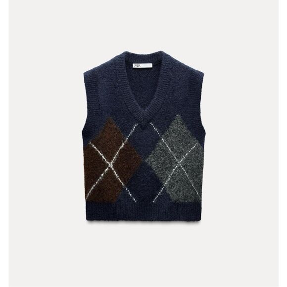 NWT Zara argyle oversized cropped sweater vest - Picture 1 of 7